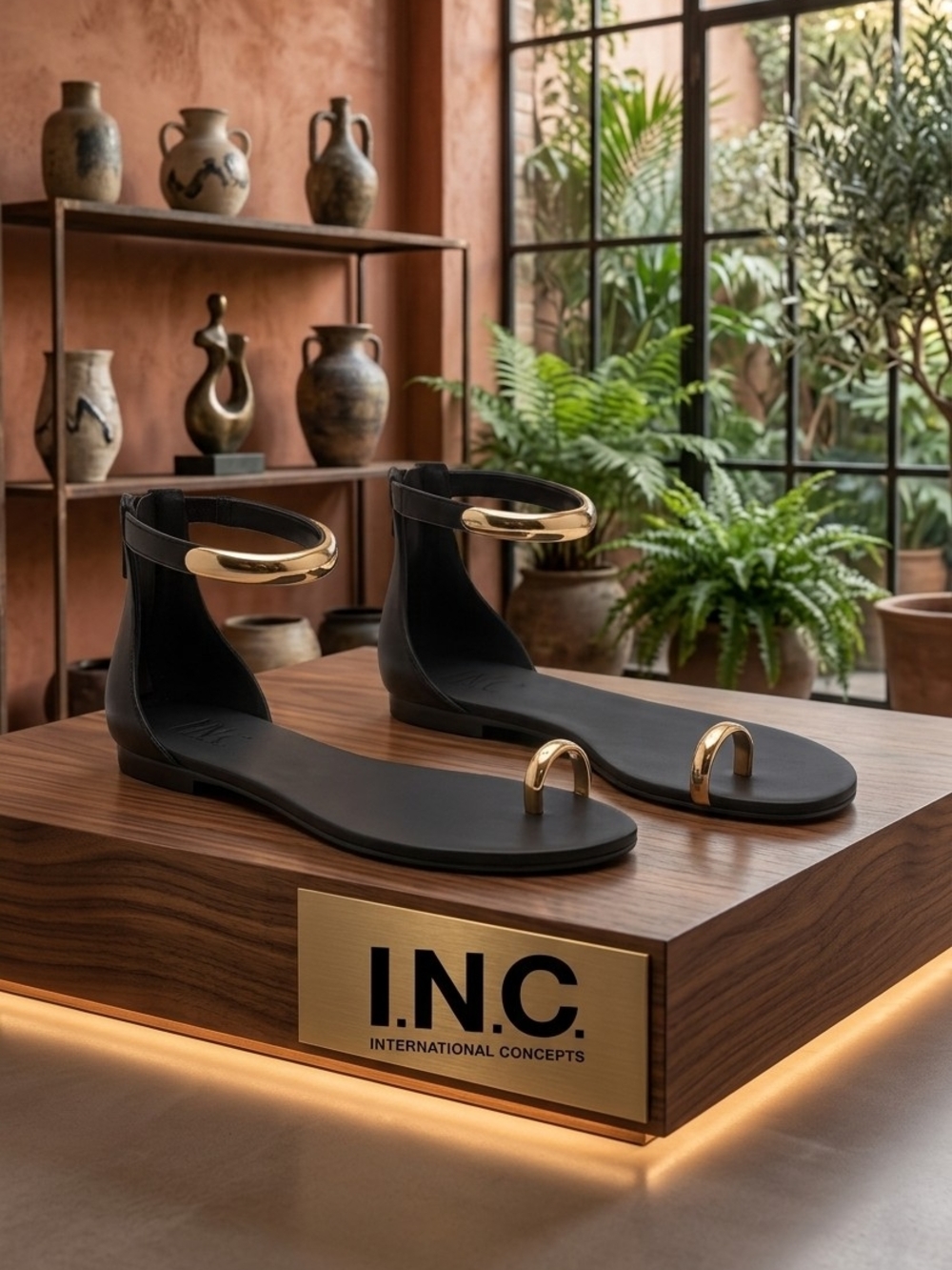 INC Black Sandals with Gold Accents Toe and Ankle (Floor Sample)